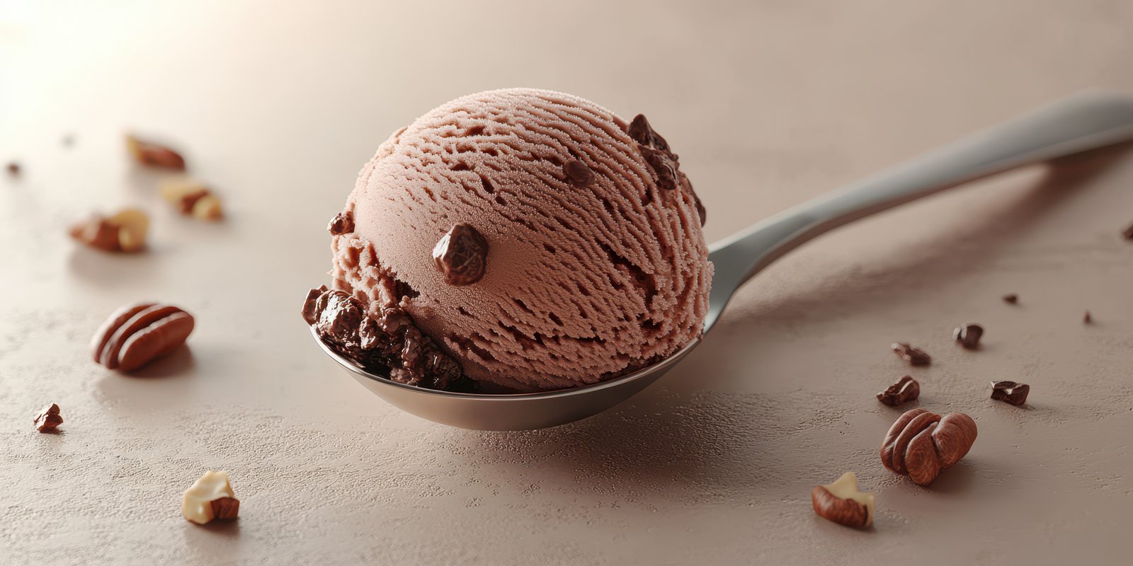 Delicious chocolate ice cream scoop resting on a silver spoon with nuts scattered around on a light surface